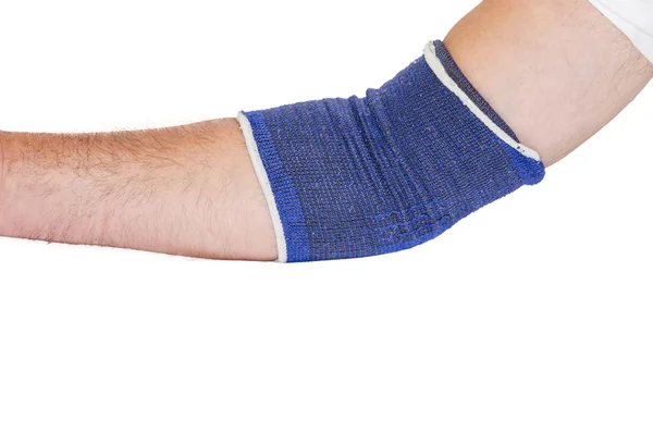 Tennis elbow with blue bandage — Stock Photo, Image