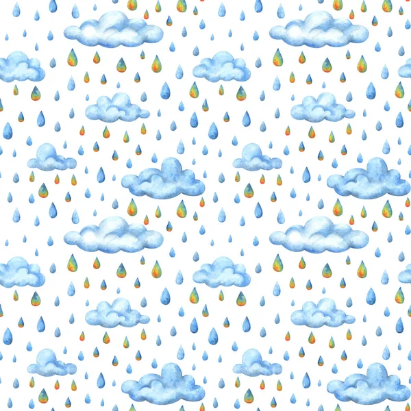Veelkleurige Regen Herfst Naadloos Patroon Van Wolken Lucht Een Witte — Stockfoto
