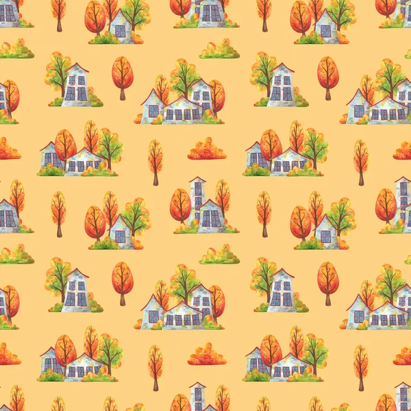 Streets of the autumn city. Yellow seamless pattern with houses and falling trees. Decorative print for fabrics, textiles, and paper. Endless background with children's watercolor illustrations. Stock image