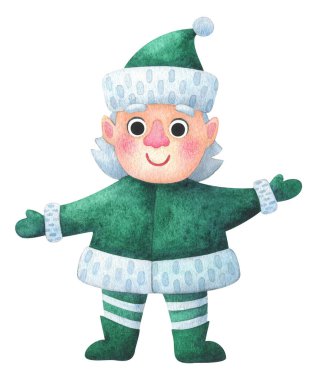 Komik elf Noel Baba 'nın asistanı. Yeşil takım elbiseli yeni yıl karakteri. Noel büyücüsü. Çizgili çoraplı çizgi film cücesi. Beyaz arkaplanda suluboya dağılımı izole edildi.