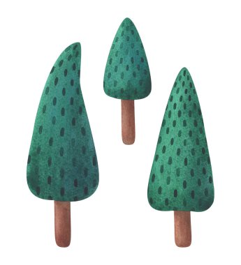 Noel ağacı. Dekoratif kozalaklı ağaç çizimleri. Beyaz arkaplanda suluboya dağılımı izole edildi. Çizgi film bitkilerinin stok çizimleri koleksiyonu.