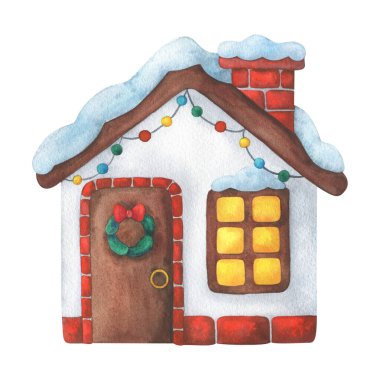 Noel süslemeleri olan bir ev. Çatıda kar yığınları, kapıda bir çelenk ve çelenk olan bir kış binası. Çizgi film tarzında çocuk çizimi. 2021 yılbaşı kutlaması. Güzel ev..