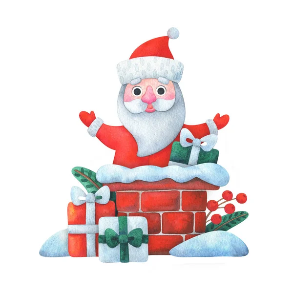 Santa Claus Delivers Gifts Chimney New Year Watercolor Illustration Children — Fotografia de Stock