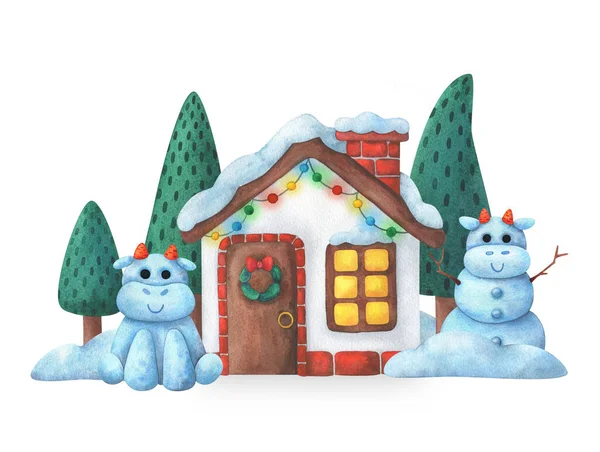 House with Christmas decor. New year's composition with snow bulls, symbol 2021. Winter landscape in cartoon style. watercolor illustration on a white background for print, postcard, holiday design