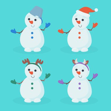 A snowman with a bucket, hat and horns on his head in a cartoon style. Winter snow character in a headdress. Vector clipart for holiday design