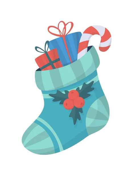 Christmas Sock Holly Gifts Sweets Cute Illustration Christmas Decor Traditional — Vetor de Stock