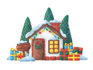 Noel için dekore edilmiş bir ev. Yeni yıl kompozisyonu, 2021 için bir yazı ve hediye. Çizgi film tarzında kış manzarası. Baskı, kartpostal, tatil tasarımı için suluboya çizimi