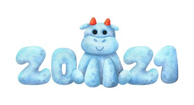 2021 ve kardan yapılmış bir boğa. Kış tatili dekorasyonu için yeni yıl kompozisyonu. Beyaz arka planda izole edilmiş Noel suluboya çizimi