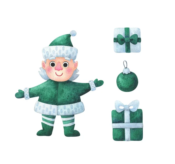 Lustige Elfen Weihnachtsmann Assistentin Neujahrsfigur Grünen Anzug Der Weihnachtszauberer Cartoon — Stockfoto