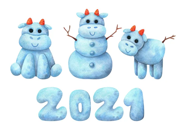 Kar Boğaları 2021 Yılının Sembolü Olan Bir Dizi Yaratıcı Çizim — Stok fotoğraf
