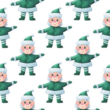 Beyaz arka planda yeşil bir elf olan kusursuz bir Noel deseni. Sonsuz baskı ve yeni yılın suluboya çizimi. Çocuk, çizgi film karakteri.