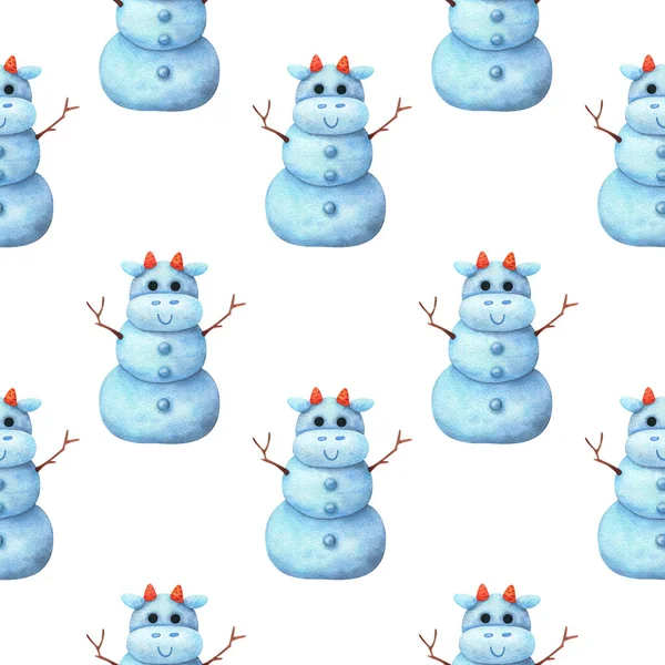 白い背景に雪だるまと雄牛とクリスマスシームレスなパターン 新年の水彩画でエンドレスプリント 子供用のキャラクター牛 — ストック写真