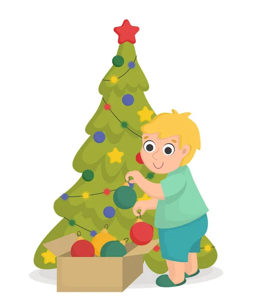 Menino Tira Brinquedos Caixa Decora Árvore Natal Personagem Natal Estilo — Vetor de Stock