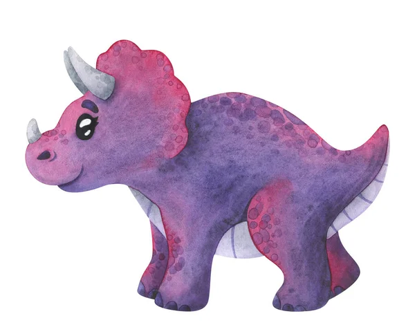 Tricératops Violets Dinosaure Bande Dessinée Illustration Aquarelle Pour Enfants Isolée — Photo