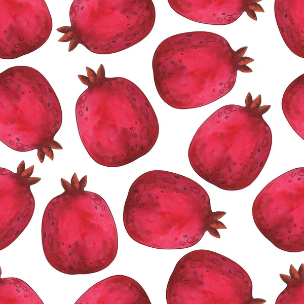 Rode Granaten Naadloos Patroon Met Aquarelillustraties Sappig Fruit Een Witte — Stockfoto