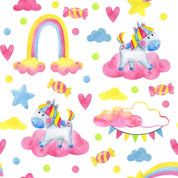 White little unicorn on a pink cloud. Seamless pattern for children. Cute watercolor illustrations on a white background.