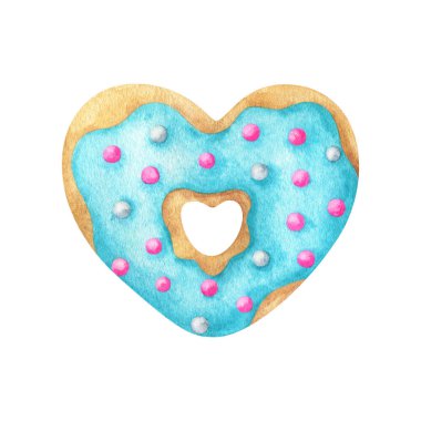 Mavi kremalı ve pembe şekerli kalp şeklinde bir donut. Beyaz arka planda izole edilmiş şirin bir simidin suluboya çizimi. Romantik yemek baskısı tasarımı için donut klipsi