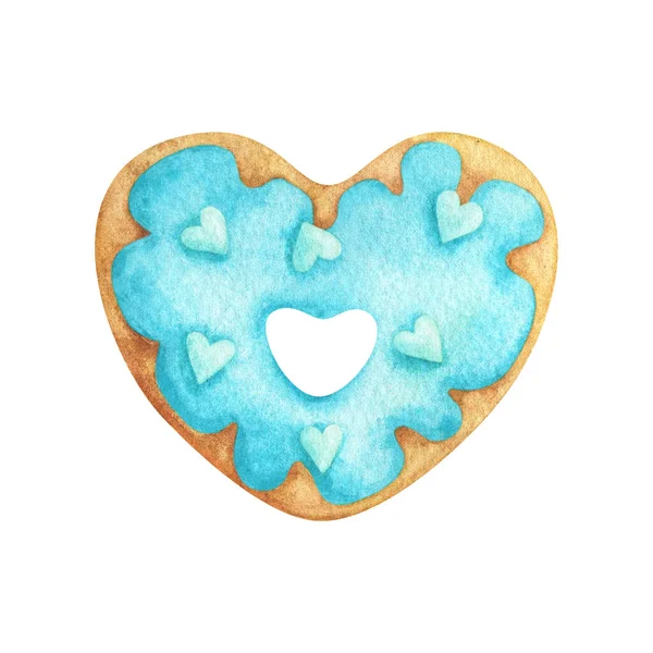 Heart Shaped Doughnut Blue Icing Sprinkles Watercolor Illustration Cute Bagel — Stock Photo, Image