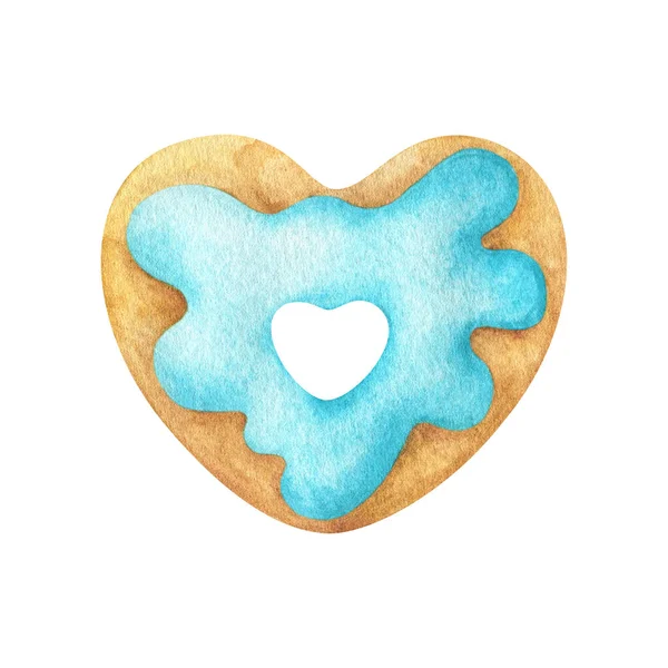 Una Rosquilla Forma Corazón Con Glaseado Azul Ilustración Acuarela Lindo — Foto de Stock