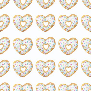 Beyaz kremalı donutlar. Kalp şeklinde bir kurabiyenin suluboya resmedilmiş şekli. Beyaz bir arka planda kusursuz desen. Kumaş, tekstil, kırtasiye, kağıt ve herhangi bir tasarım için yazdır