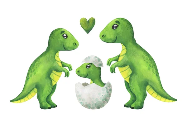 Familie Grønne Tyrannosaurer Med Baby Skallen Børns Akvarel Illustration Hvid - Stock-foto