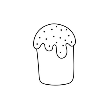 Paskalya karalaması, kremalı ve serpiştirilmiş bayram pastası, doğrusal vektör çizimi. El çizimi biçim sembolleri ve nesneler, çıkartma, dekor, kartpostal, simge, boyama sayfası, logo, pankart için basit, siyah çizim