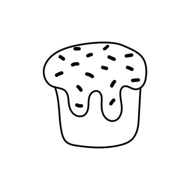 Paskalya karalaması, kremalı ve serpiştirilmiş bayram pastası, doğrusal vektör çizimi. El çizimi biçim sembolleri ve nesneler, çıkartma, dekor, kartpostal, simge, boyama sayfası, logo, pankart için basit, siyah çizim