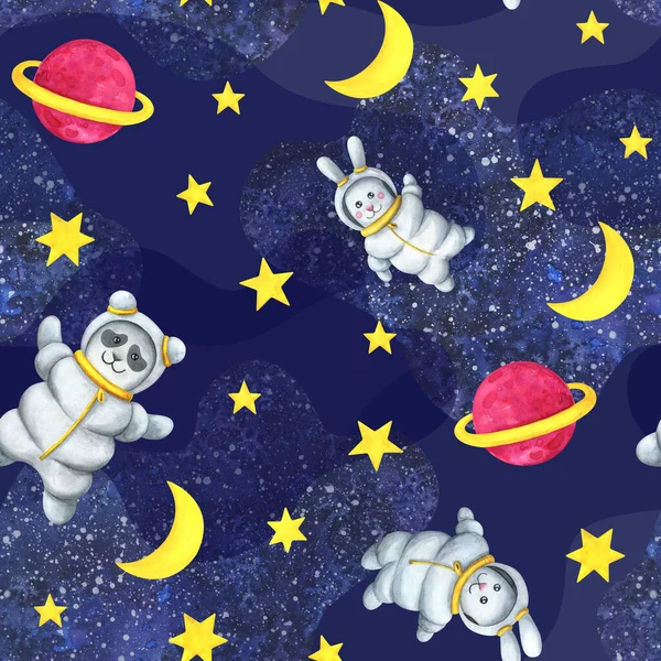 Animal astronauts in outer space. Seamless pattern. Children\'s watercolor illustration. Cute print with a Panda and a hare in a space suit. Pink planet, star, moon, infinite universe.