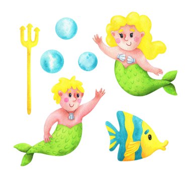 Çizgi filmdeki kız ve oğlan sarı saçlı, mızrak balıklı, köpüklü. Karakterin çocuk suluboya çizimi. Beyaz arka planda izole edilmiş bir stok görüntüsü. Clipart koleksiyonu
