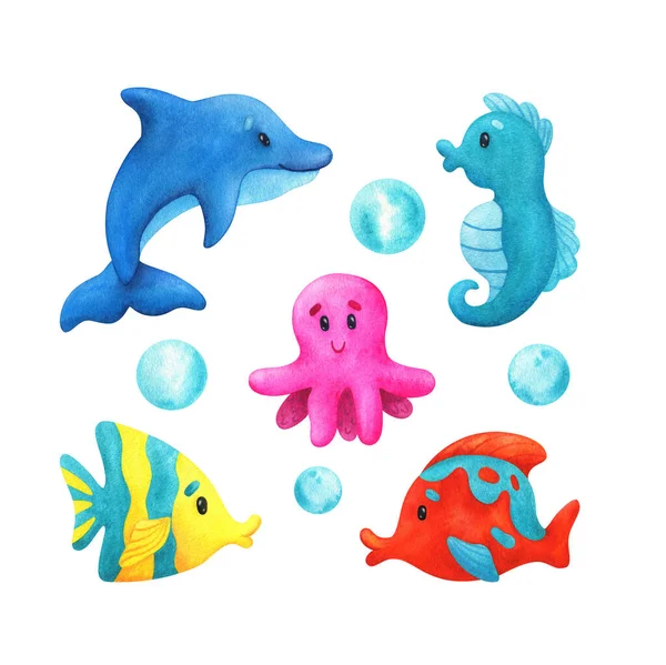 Delfín Pulpo Peces Tropicales Acuarela Infantil Ilustración Animales Marinos Brillantes —  Fotos de Stock