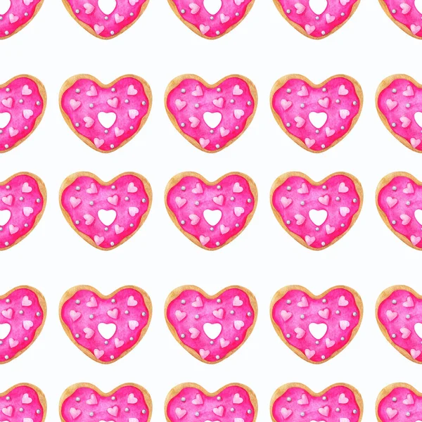 Donuts Pink Frosting Pattern Watercolor Illustration Heart Shaped Cookie Seamless — Stock Photo, Image