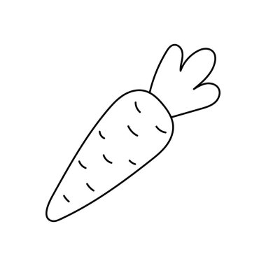 Sebzeli karalama, havuçlu. Bitkilerin doğrusal vektör çizimi. El çizimi semboller ve tarz nesneler. Etiket, dekor, kartpostal, rozet, boyama kitabı, logo için basit, siyah çizim