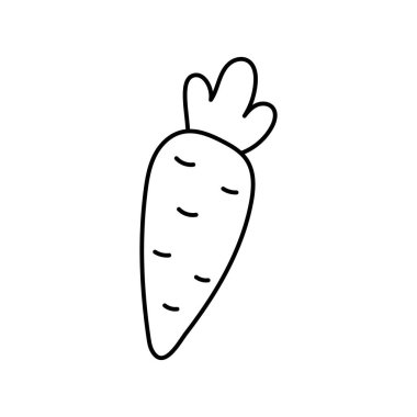 Sebzeli karalama, havuçlu. Bitkilerin doğrusal vektör çizimi. El çizimi semboller ve tarz nesneler. Etiket, dekor, kartpostal, rozet, boyama kitabı, logo için basit, siyah çizim