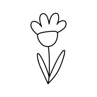 Bitkilerle, çiçeklerle, otlarla, lalelerle karala. Doğrusal vektör çizimi. El çizimi stil sembolleri ve nesneler. Etiket, dekor, kartpostal, simge, boyama sayfası, logo için basit, siyah çizim