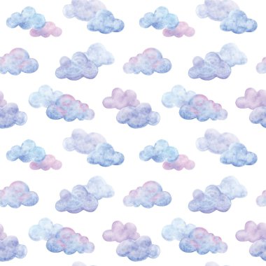 Gökyüzünde uçan bulutlar pembe, leylak ve mavidir. Suluboya resimli kusursuz desen. Beyaz arka planda yumuşak renklerde çocuk süsü. Yazdırma, kumaş, duvar kağıdı için