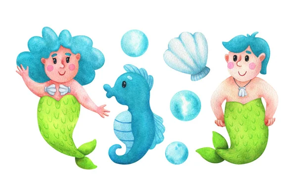人魚と青い髪のネット おとぎ話のキャラクターの水彩画の子供のイラストのセット 漫画風 白い背景に隔離されたストック画像 — ストック写真