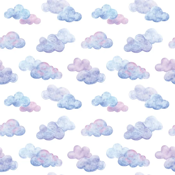 Хмари Літають Небу Рожеві Бузкові Сині Безшовний Візерунок Аквареллю Ілюстраціями — стокове фото