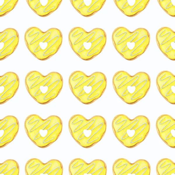 Donuts Yellow White Frosting Pattern Watercolor Illustration Heart Shaped Cookie — Stock Photo, Image