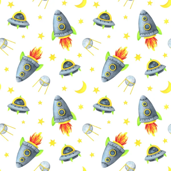 Space seamless pattern. A spaceship, a flying saucer, a satellite on a white background of the starry sky. Children's watercolor illustration. Cute print with a planet, meteorite, asteroid