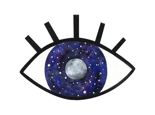 Big Eye Black Lashes Moon Space Stylish Watercolor Illustration Mysterious — Stock Photo, Image