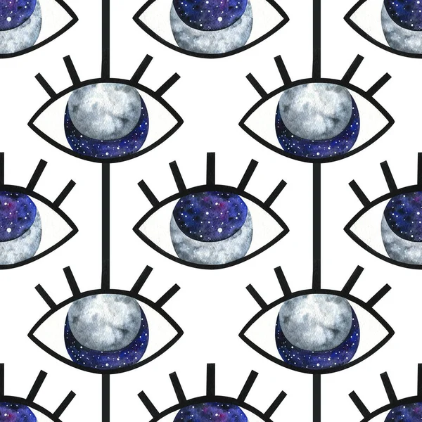 The universe is in open eyes. Abstract seamless pattern with the moon and space in the pupil. Stylish ornament on a white background with dark stripes. Decorative print with watercolor illustrations