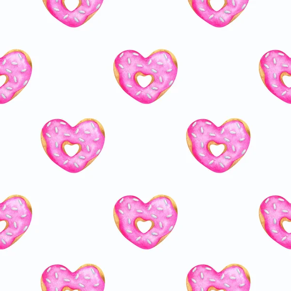 Пончики Розовой Глазурью Узор Акварельной Иллюстрацией Печенья Форме Сердца Бесшовный — стоковое фото