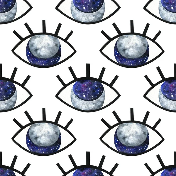 The universe is in open eyes. Abstract seamless pattern with the moon and space in the pupil. Stylish ornament on a white background. Decorative print with watercolor illustrations for fabric, wallpaper,