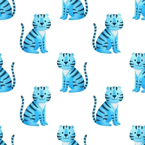Blue tiger on a white background. Seamless pattern with the symbol of the new year 2022. watercolor ornament of animals. Cute Maltese tiger cub is sitting. Festive print for fabric, wallpaper