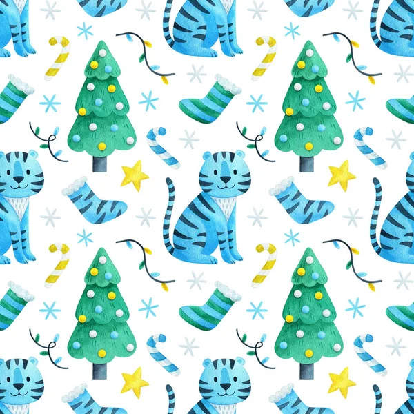 2022年を象徴するシームレスなパターン 青い虎 クリスマスツリー ガーランド ロリポップ 雪の結晶 白い背景に 水彩のお祝いの飾り マルタの強さ かわいい — ストック写真