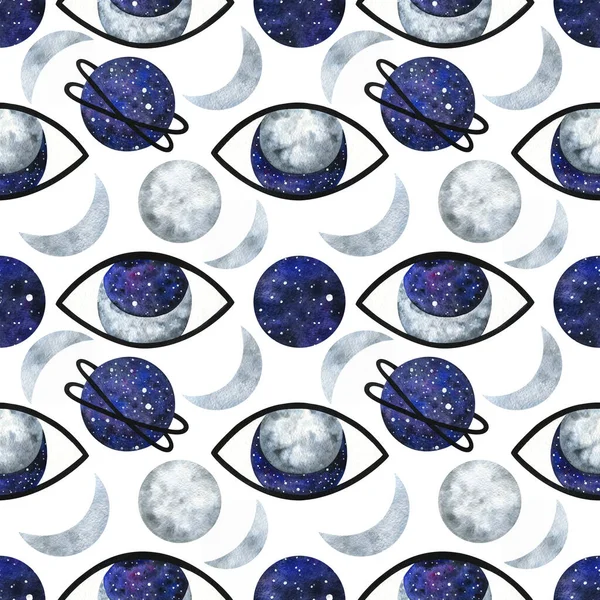 The universe is in open eyes. Abstract seamless pattern with the moon and space in the pupil. Stylish space ornament on a white background. Decorative print with mystical watercolor illustrations