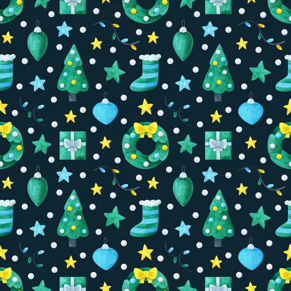 Bezproblémový Vzor Vánočním Designem Věnec Vánoční Stromek Věnce Hvězda Vánoční — Stock fotografie