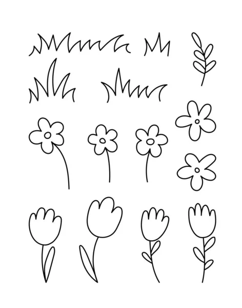 Набор Каракулей Растениями Цветами Травой Ромашкой Тюльпаном Линейная Векторная Иллюстрация — стоковый вектор
