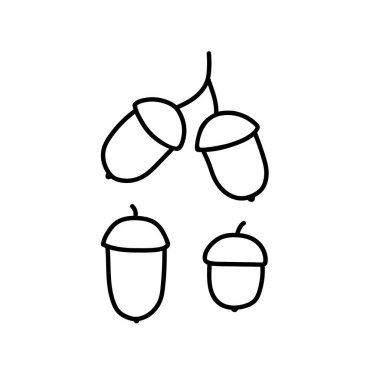 Meşe palamudu görüntüsü. Meşe meyvelerinin bir ikonu. Çıkartmalar, dekorlar, kartpostallar, rozetler, boyama kitapları, logolar için bitkilerin basit siyah çizimleri. Vektör ortamı ayarlandı