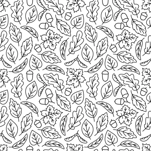 Безшовний Візерунок Осінніми Каракулями Контурне Зображення Опалого Листя Клена Дуба — стоковий вектор